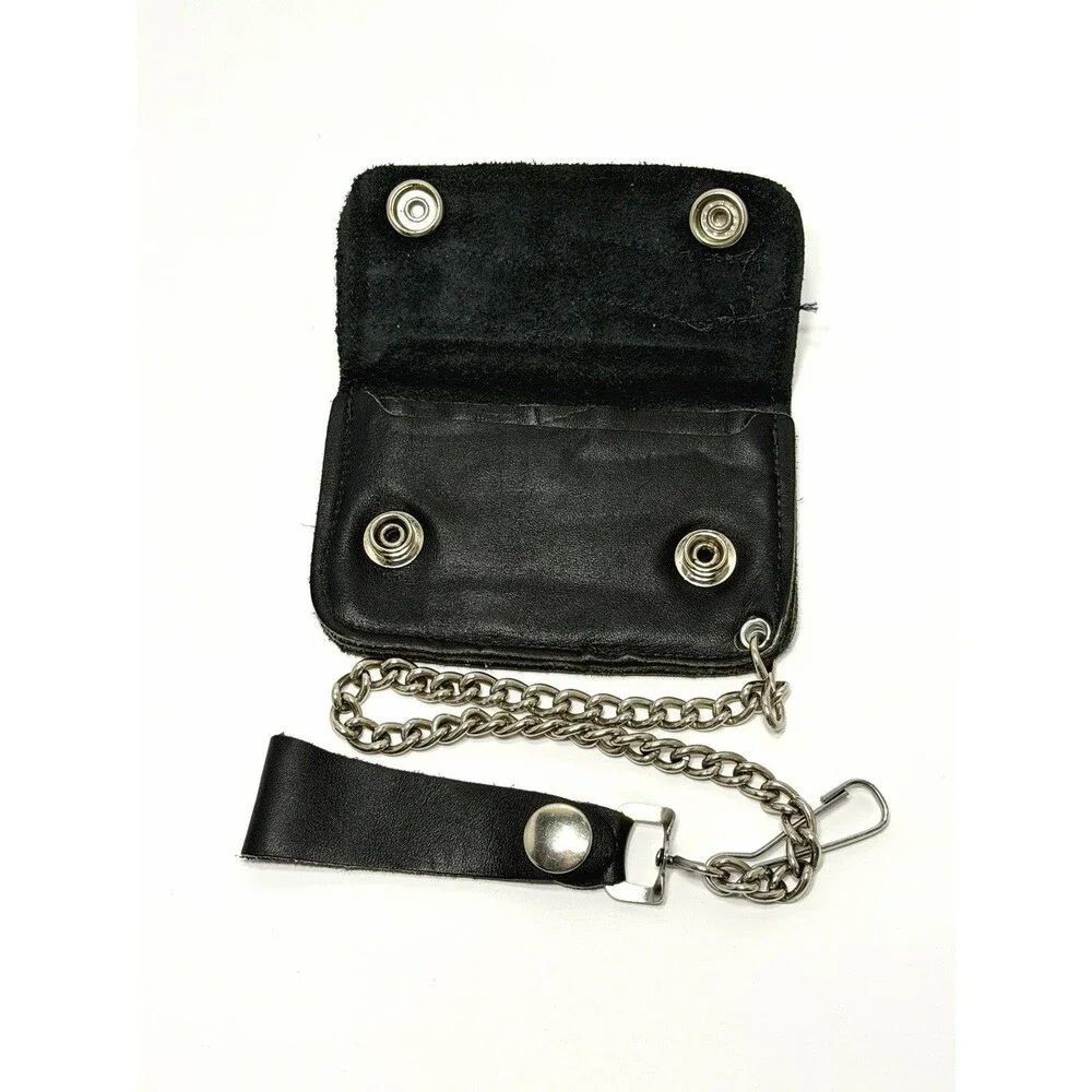 Vtg 80s Harley Davidson Leather Chain Wallet Black Biker Trucker Banner Patch